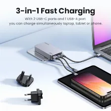 Cargador Ugreen Nexode Pro 65w, Gan, 2x Usb-c, 1x Usb-a, Carga Rapida, Ultra Delgado, Negro/gris