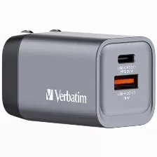 Cargador De Pared Verbatim, Tecnologia Gan, Potencia 35 Watts, Un Puerto Usb-c Pd, Un Puerto Usb-a Qc 3.0, Clavijas Plegables.