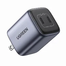 Cargador Ugreen Nexode Mini 45w, Gan, 2x Usb-c, Carga Rapida, Clavija Plegable, Negro/gris